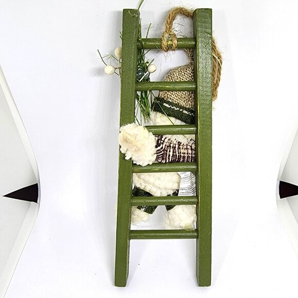 Plush Snowman Climb Green Ladder Cottage Farmhouse Christmas Holiday Ornament - Picture 5 of 10